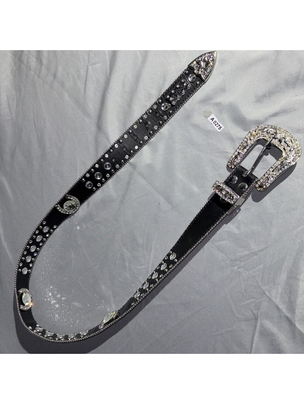 BHW Womens Black Leather Rhinestone Silver Studded Western Buckle Belt 32-36